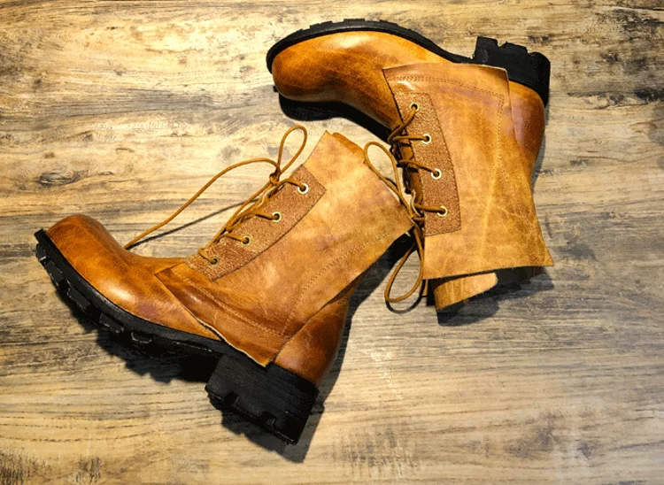 Handmade Vintage Round Toe Mens High Top Work Safety Shoes Cowhide Genuine Leather Ankle Boots Lace Up Motorcycle Riding Boots