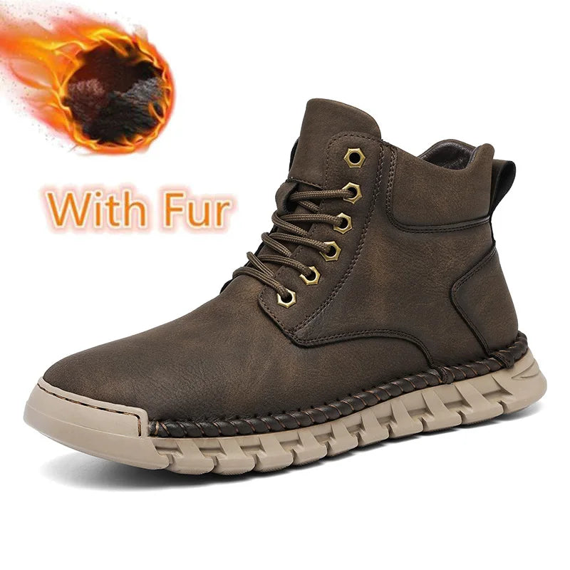 Lace-Up Men's High Top Shoes Classic Winter Men Ankle Boots Version Casual Motorcycle Boots Male Winter Plush Snow Leather Botas