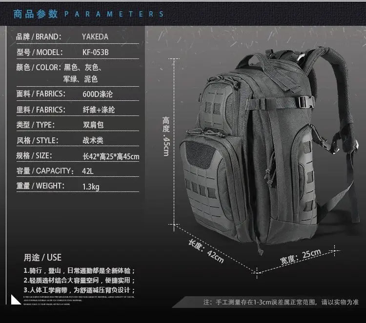 YAKEDA 600D MOLLE Tactical Backpack Assault Pack 40L Waterproof Outdoor Travel Camping Climbing Hiking Bag Mens Rucksack