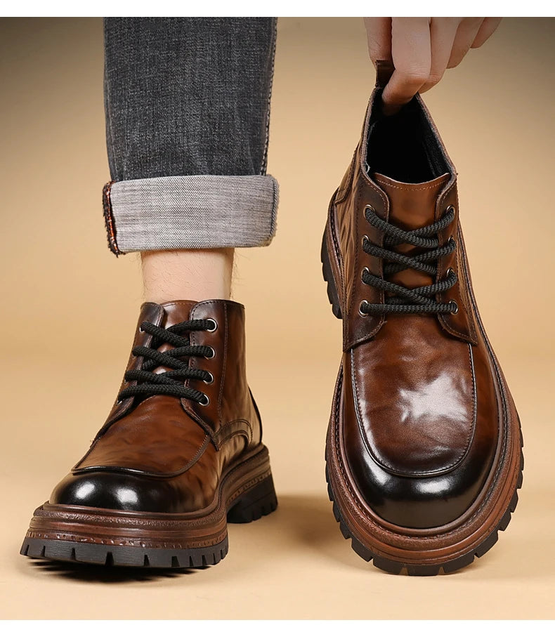 Outdoor Men High Top Leather Shoes Classic Black Leather Boots Motorcycle Breathable Riding Mid-calf Ankle Boots Warm Work Shoes