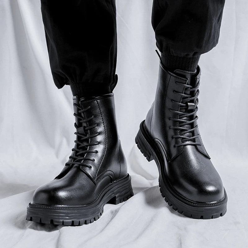 men fashion motorcycle boots black tide lace-up platform shoes cowboy genuine leather boot street cool high top botas masculinas