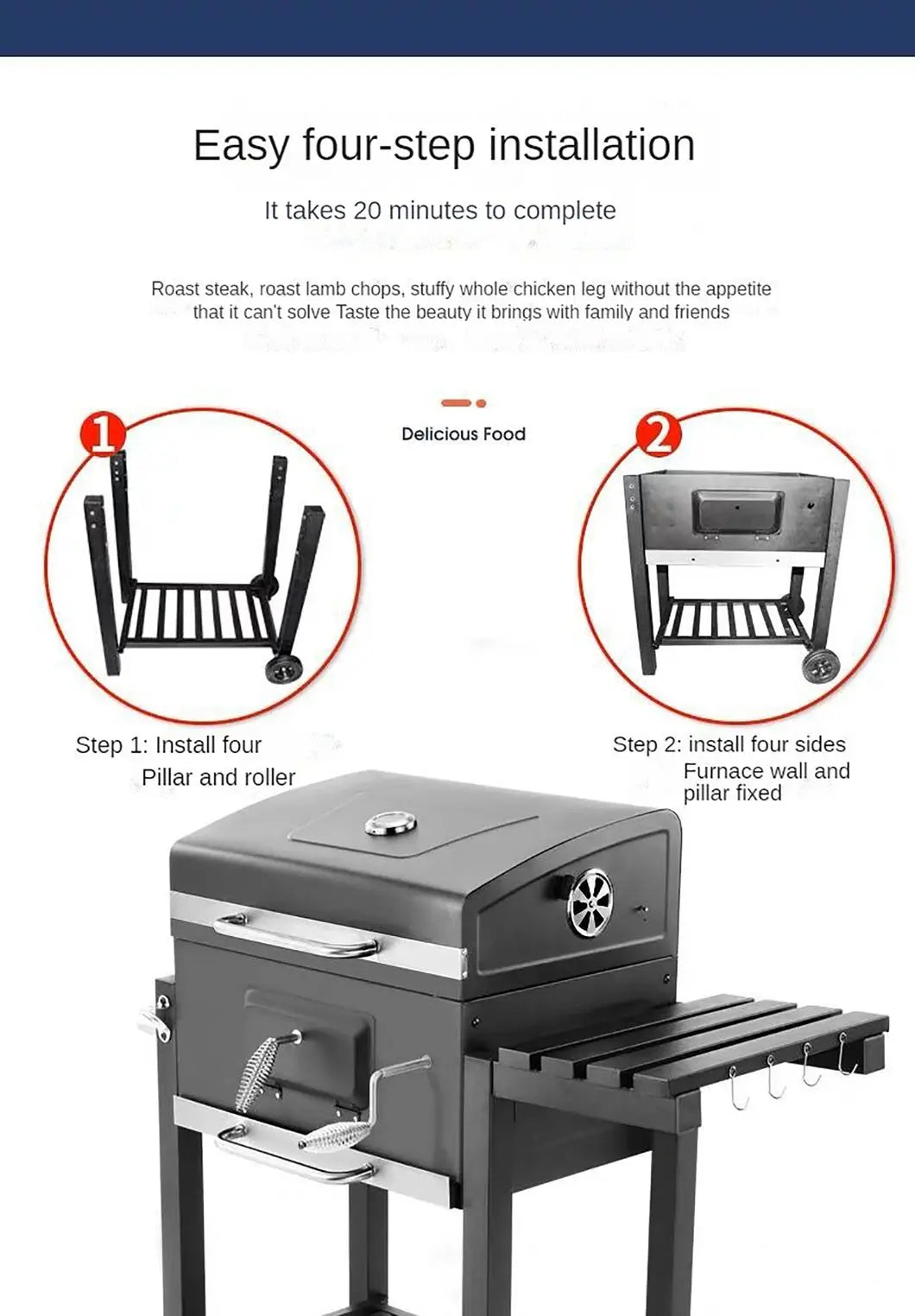 New Oil Drum Barrel Outdoor Charcoal Barbeque BBQ Grills Backyard Party Barbecue Smoker with Rotisserie Roast Chicken Rack