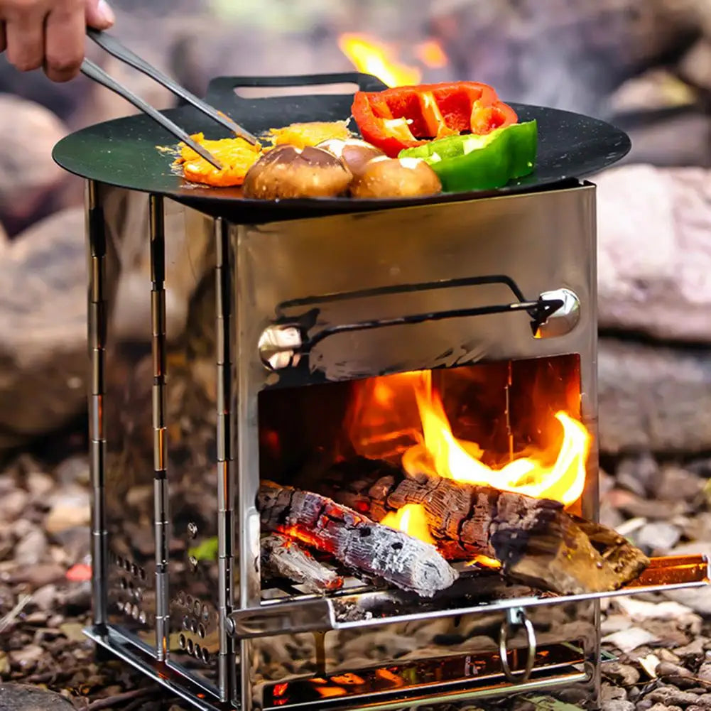 Stainless Steel Wood Burning Stove Outdoor Hiking Picnic BBQ Cooking Folding Stove Wood Burner Camp Stove with Ash Tray