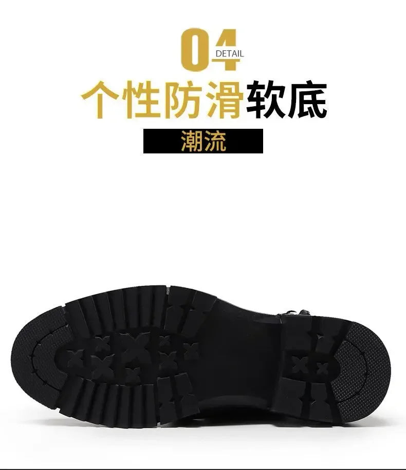 2025 Retro Men's Motorcycle Leather Boots British Style Round Head High Top Shoes Casual Platform Boots Moto Street Gear