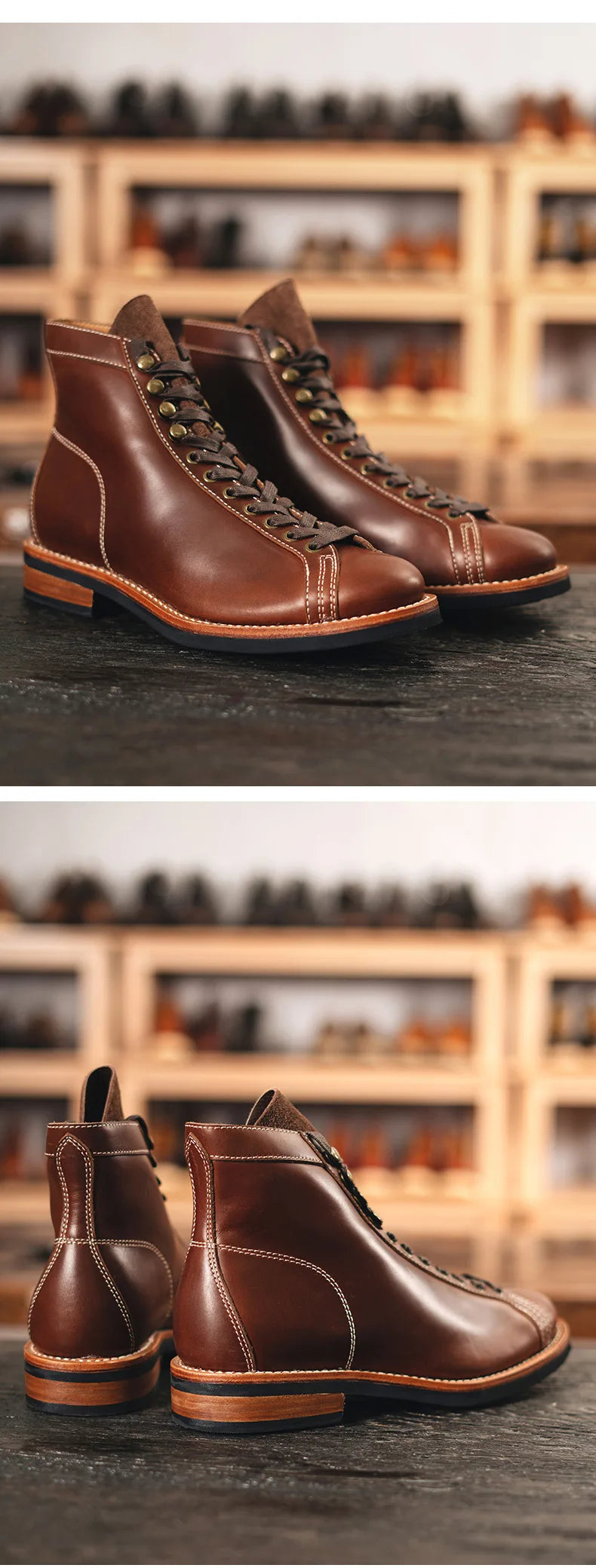 Cowhide High Top Motorcycle Boots Vintage Men Moto Ankle Boots Motocross Thick Soled Riding Boots Walking Shoes Moto Equipment