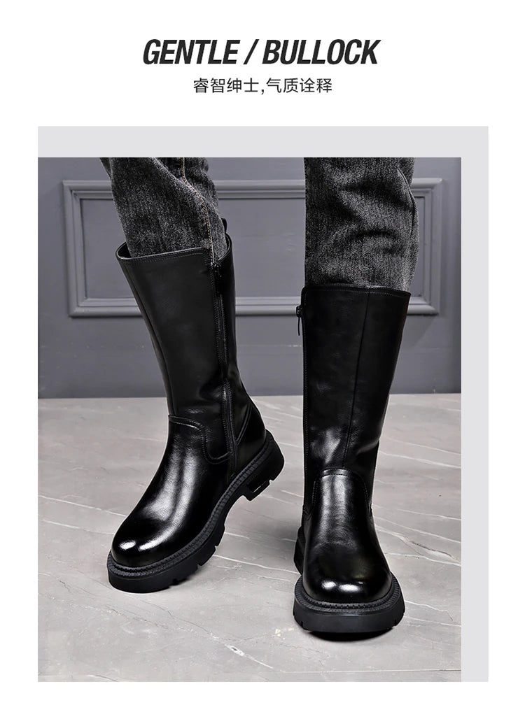 Tall Boots for Men Made of Leather with Increased Height and Soft Sole Western Cowboy Plush Insulation Knight Ankle Riding