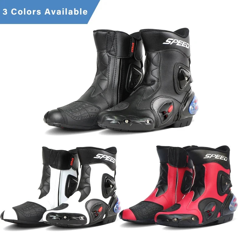 SPEED Botas Motorcycle Riding Boots for Men Rubber Sole Sport Bikes Ankle Protective Motorcycle Shoes with Zipper Closure