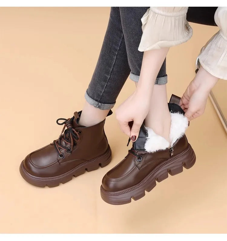 Women's Boots Winter New Fur Snow Boots Platform Plush Comfortable Anti Slip Warm Lace Up Cold Proof Cotton Ankle Boots Women