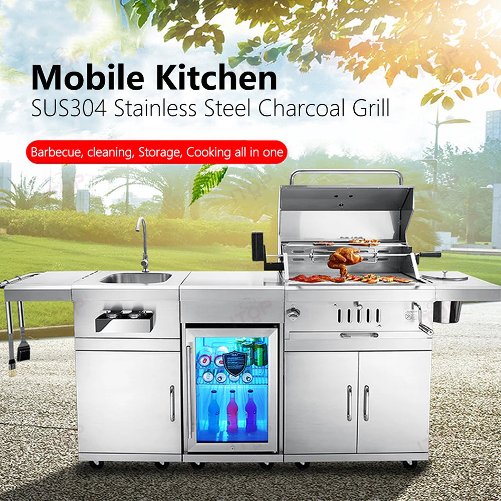 Outdoor Charcoal Bbq Grill With Chiller and Sink Stainless Steel 304 Barbecue Grill Bbq Stove Outdoor Stainless Steel Bbq Grill
