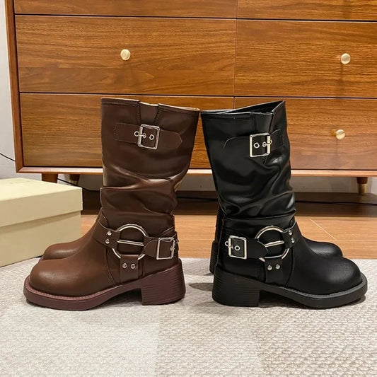 Fashion Buckle Motorcycle Boots Women Round Toe Med Heels Ankle Boots Woman 2024 Pu Leather Square Heel Autumn Platform Shoes