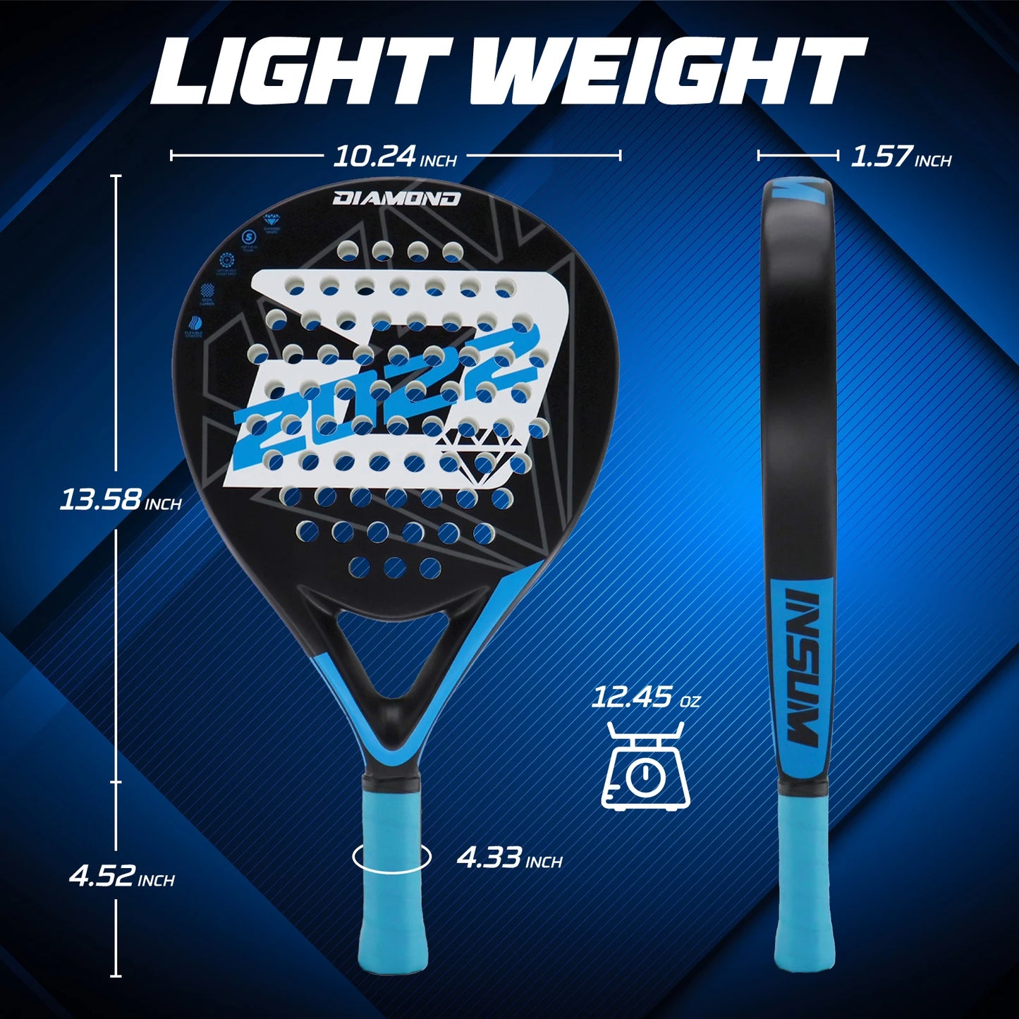 INSUM 2022 Padel Tennis Paddles Rackets Set of 2, lightweight Carbon Fiber Diamond Shape Comfort Grip with Padel Tennis Balls