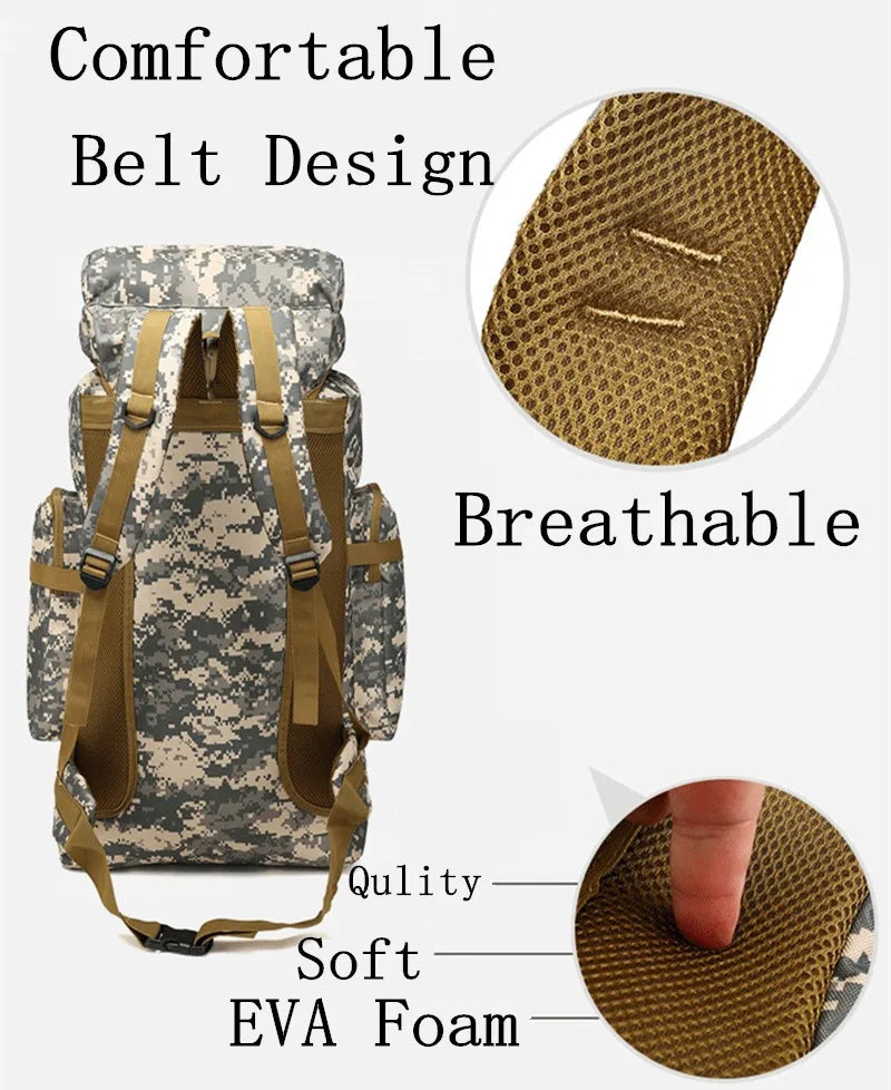 80L Waterproof Molle Camo Tactical Backpack Military Army Hiking Camping Backpack Travel Rucksack Outdoor Sports Climbing Bag