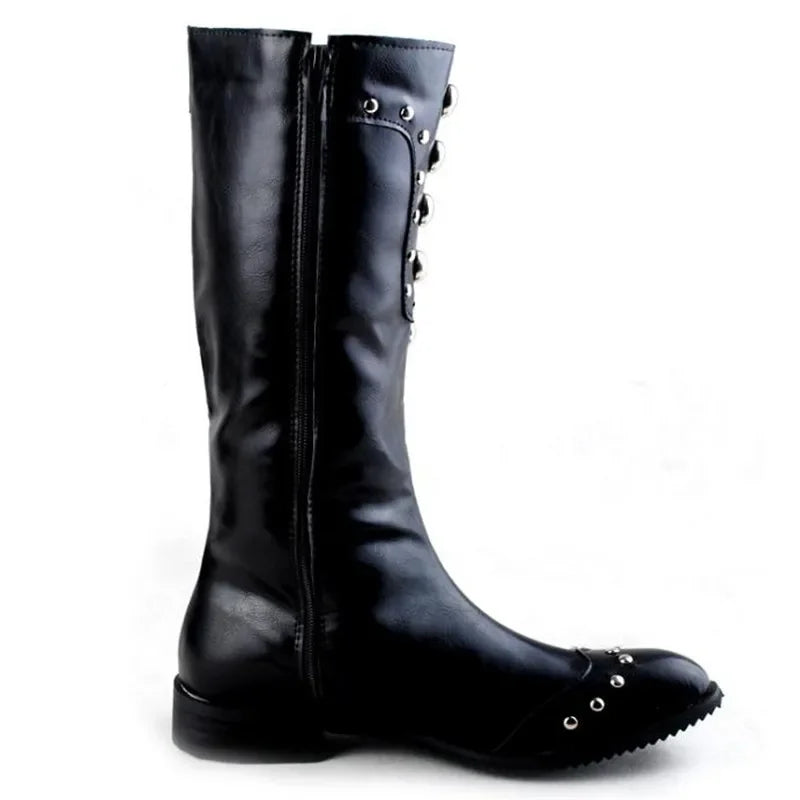 Men Motorcycle Leather Boots,Black Fashion Stage Boots Punk Over Knee High Boots Waterproof Snow Boots Equestrian Gothic Boots