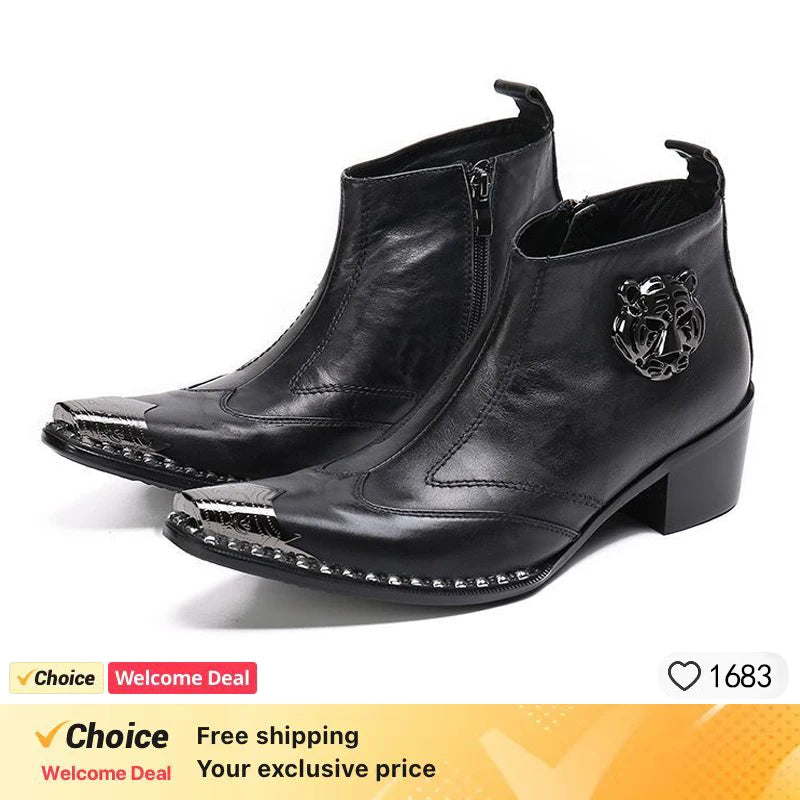 Western men's booties leather shoes pointy brown leather ankle boots men's zipper 6.5cm high heels motorcycle shoes