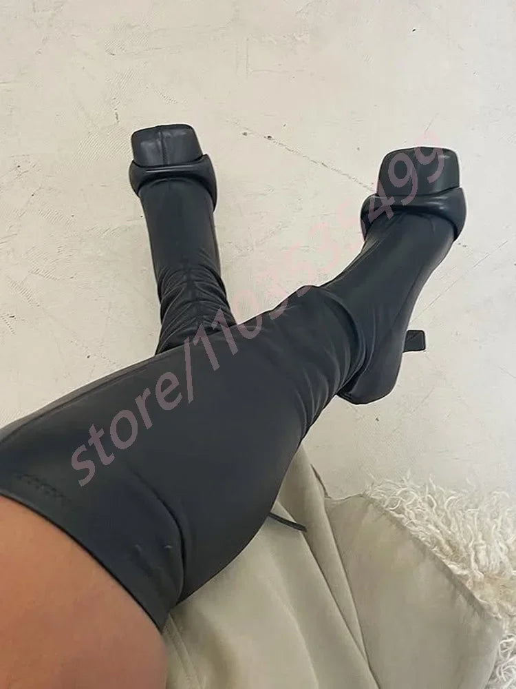 Square Toe Ladies Sexy Knee-High Leather Boots High Heel Pleated Boots Party Zipper Boots 2025 New Street Fashion Catwalk Boots