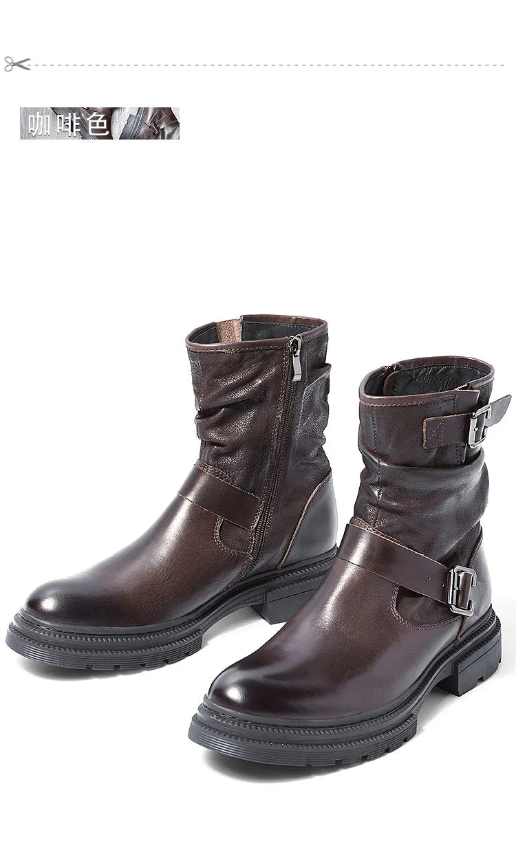 Waterproof Motorcycle Boots Autumn Quality Genuine Leather Retro High Top Motorbike Boots Wear Resistant Moto Riding Shoes