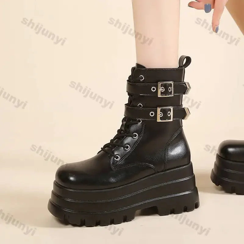 Women Boots British Belt Buckle 2025 Autumn New Height Increasing Thick Soled Short Boot Lace Up Zipper Fashion Motorcycle Boots