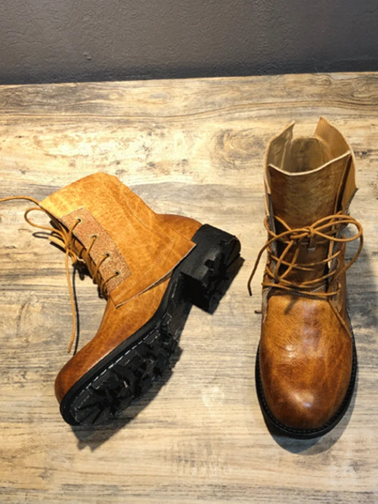 Handmade Vintage Round Toe Mens High Top Work Safety Shoes Cowhide Genuine Leather Ankle Boots Lace Up Motorcycle Riding Boots