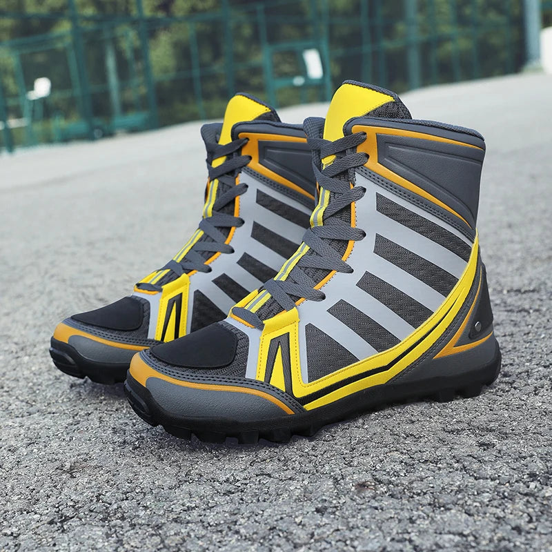 Men's Motorcycle Boots New Breathable Stripe Motos Riders Shoes Outdoor Motocross Protective Boots Hiking Non-slip Sports Shoes