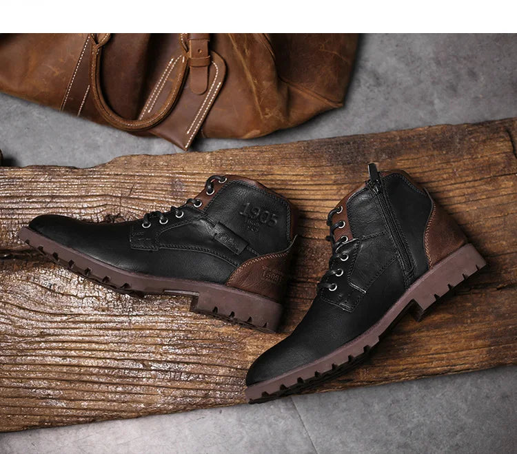 High Quality Men Ankle Boots Plus Size Fashion High Top Leather Shoes Autumn Outdoor Work Casual Shoes Motorcycle Boots Brown