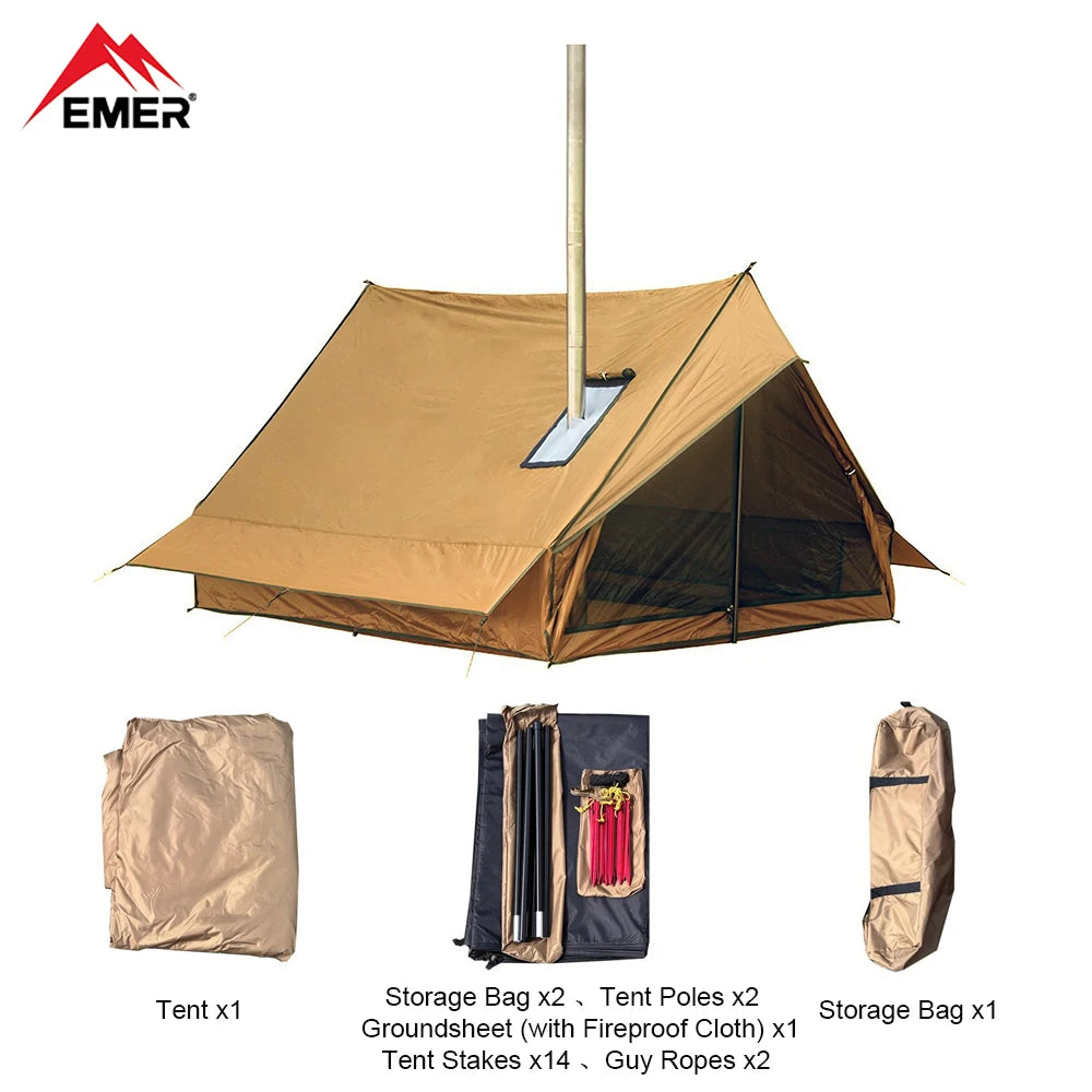 EMER Camping Hot Tent with Chimney Window Outdoor Ultralight Tipi Teepee Tent Pyramid Double Layer Bushcraft 2-Person BC Tent