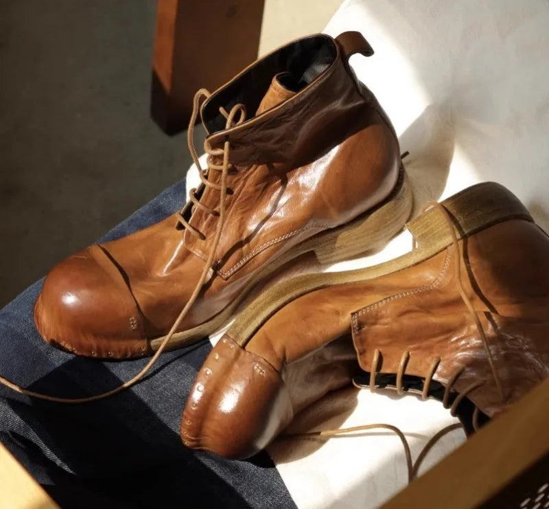 Retro Horsehide Genuine Leather Mens Boots Handmade Lace Up High Top Work Cargo Shoes High Quality Motorcycle Short Boots Male