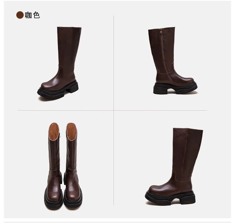 6.5cm Cow Genuine Leather Women Ankle Knee Motorcycle Booties Boots Chunky Heels Platform Wedge Shoes Chimney High ZIP Spring