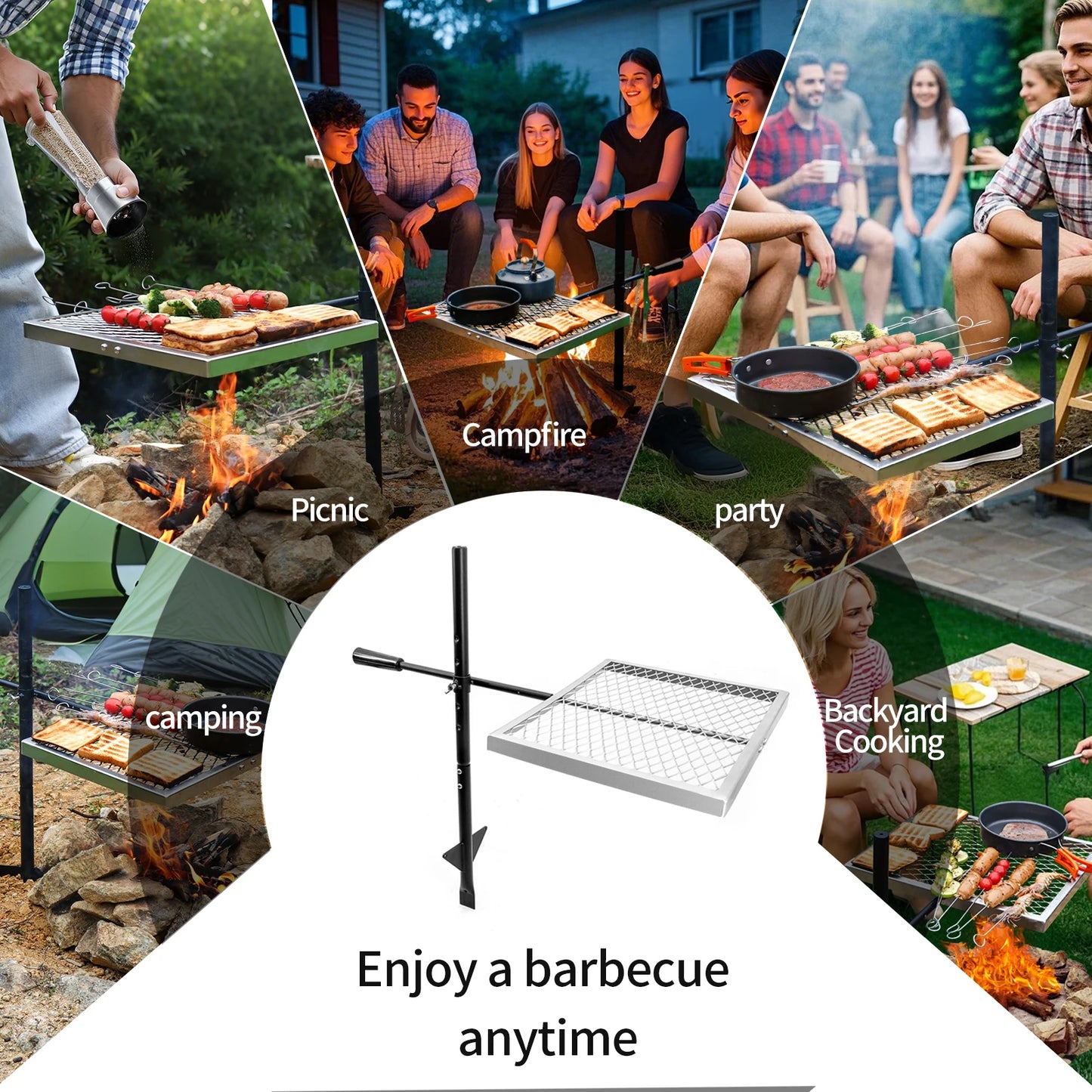 360 ° Swivel Campfire Grill Camp Grill Grate over Fire Pit Portable Grill Rack for Camping Cooking Barbecue