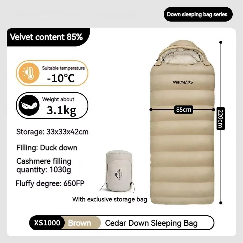 Naturehike Duck Down Sleeping Bag Ultralight Autumn Winter Spring Widened Sleeping Bag Hooded Windproof Waterproof -10℃ Outdoor