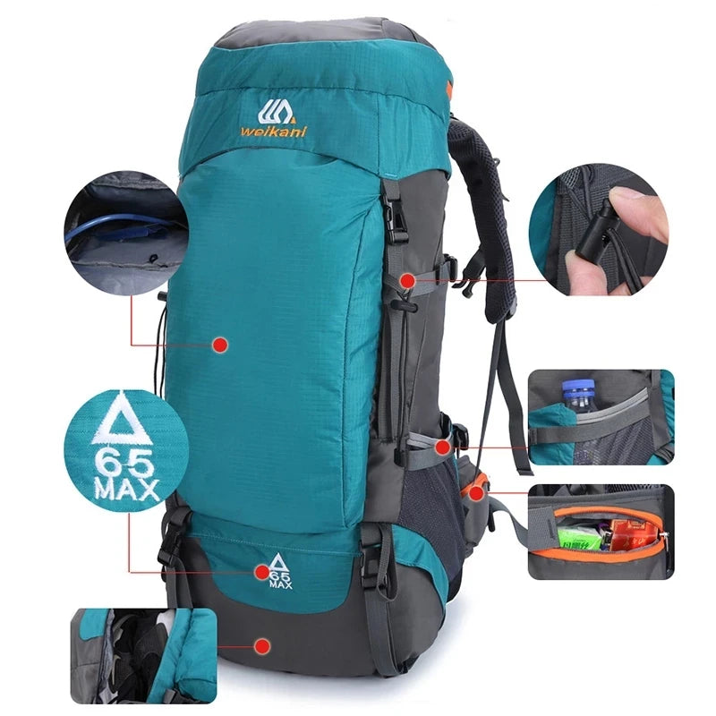 65L Climbing Backpack Large Capacity Outdoor Camping Sports Women Men Waterproof Travel Nature Hike Mountaineering Trekking Bag