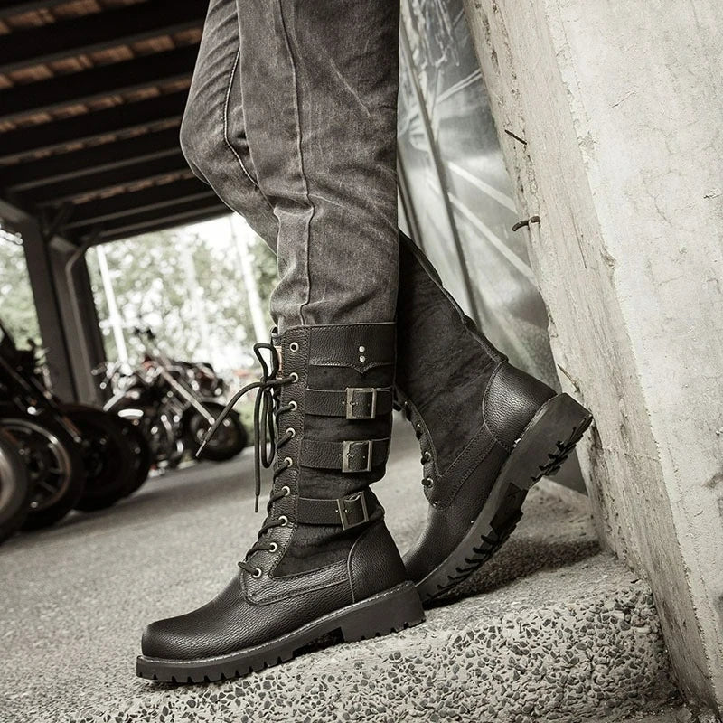 Luxury Men Boots Leather Motorcycle Boots Fashion Lace Up High Top Boots British Male Mid Calf Boot Plus Size Buckle Strap Boot