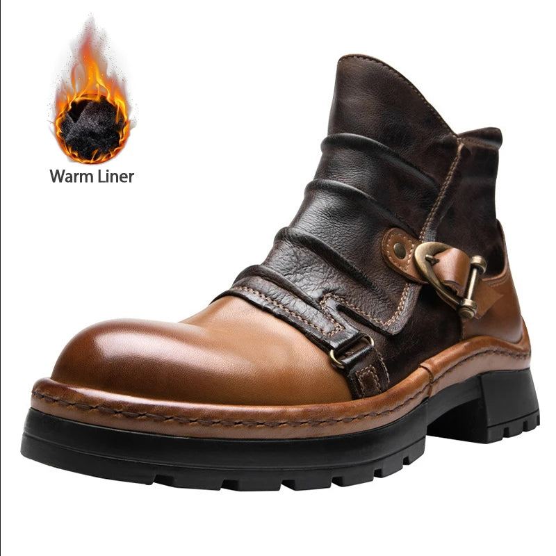Brown Leather Motorcycle Boots Mens Round Head High Top Motorbike Boots Quality Moto Riding Shoes Thick Soled Summer Winter