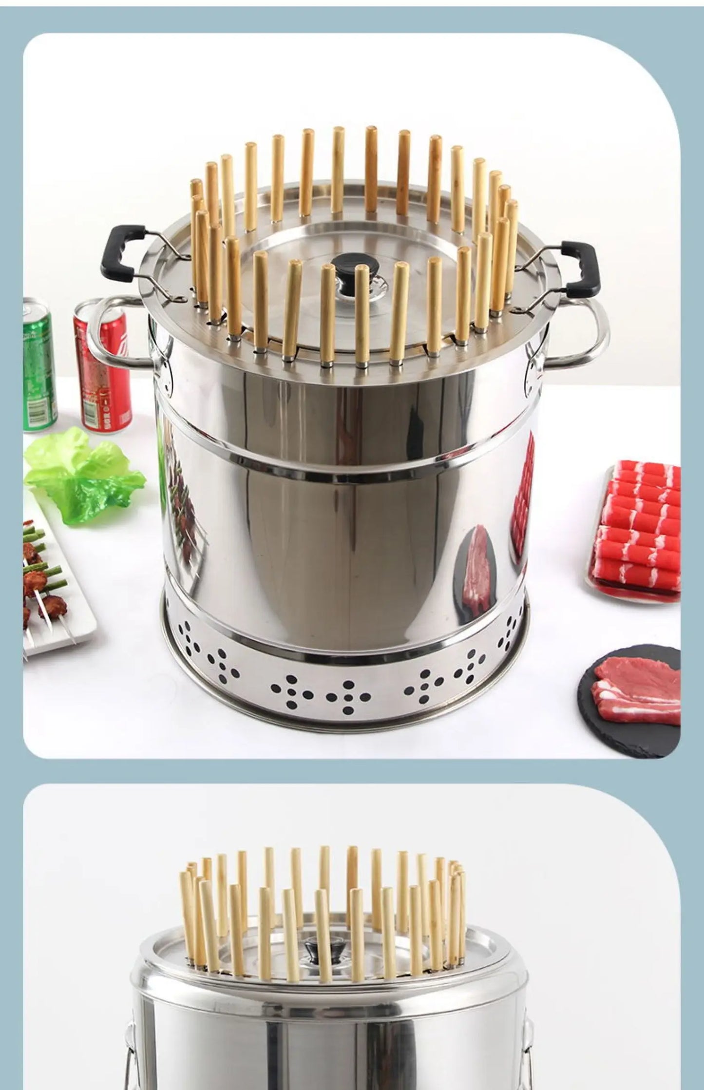 Smokeless Barrel BBQ Grill, Charcoal Rotisserie for Home, Commercial, Outdoor Meat Skewer, Portable Roaster