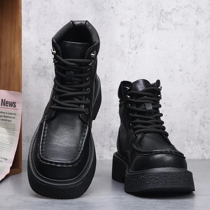 Leather Male Casual Shoes High Quality Comfortable Motorcycle Boots New High Top Man Botas Fashion Mens Lace Up Walking Boots