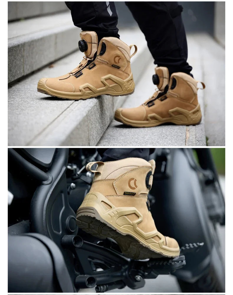Retro Motorcycle Boots for Men – Waterproof Anti-Slip Riding Shoes for Four Seasons, Universal Fit Off-Road Motobike Sneakers