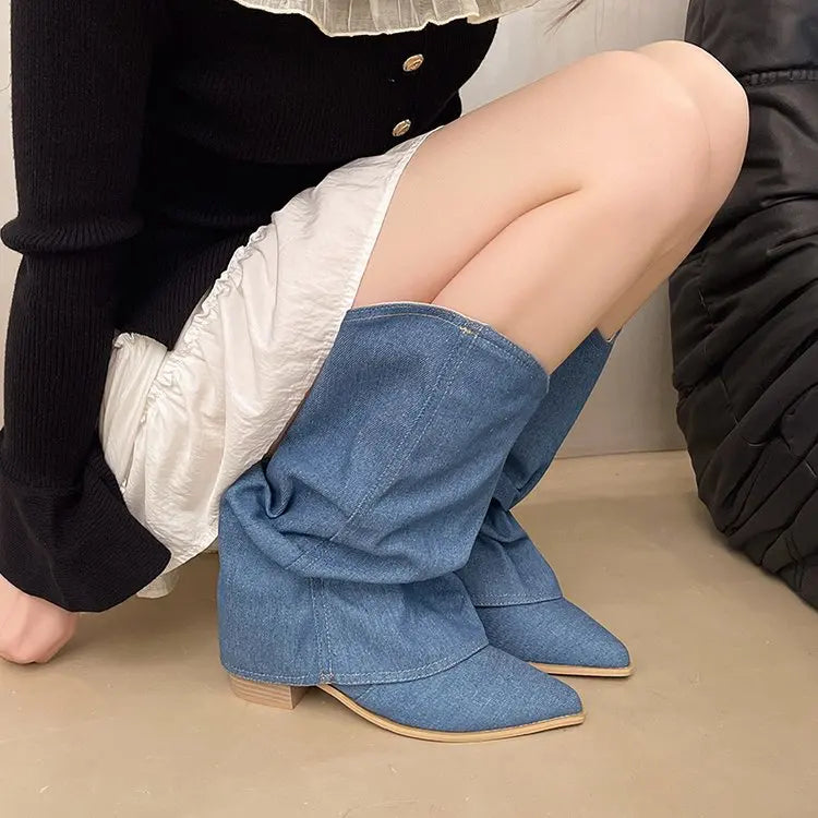 2023 New Knee High Knight Boots Pointed Toe Chelsea Boots Women Shoes Autumn Winter Brand Gladiator Goth Snow Motorcycle Boots