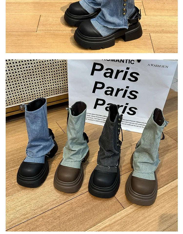 Fall Student Fashion Ankle Boots New Canvas Cowboy Shoes Women's Outdoor Platform Boots Luxury Designer Brand Motorcycle Boots