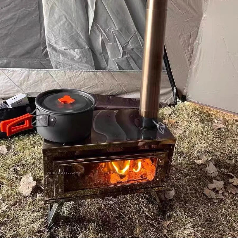 Outdoor tent camping, heat-resistant glass observation stove, portable foldable stainless steel winter heating wood stove