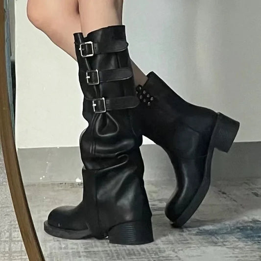 High Quality Wasteland Punk Y2k Gothic Style Vintage Motorcycles Western Boots for Women Black Rivets Knee High Boot Shoes
