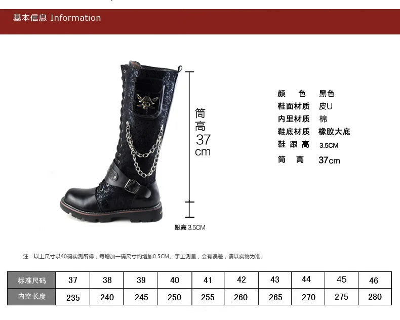 Men Motorcycle Boots  Knee High Boots Low Heels Knight Shoe man Vintage Boots male zapatos,Combat Boots Gothic Skull Punk Boots