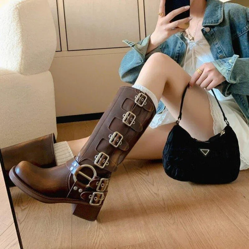 Metal Buckle Square Toe Knee High Boots Women Black PU Leather Punk Long Boots Woman Autumn 2025 Chunky Heels Motorcycle Booties