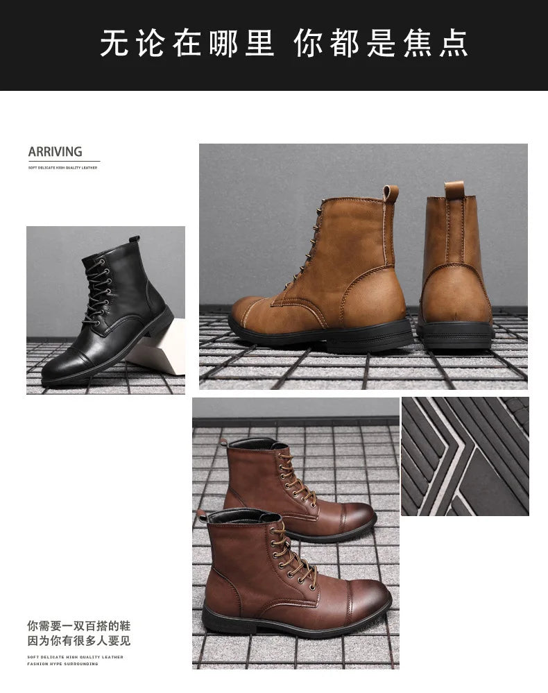 2024 Autumn and Winter New Fashion Pointy Retro Leather Boots High Top British Casual Men's Shoes Large Size 38-48