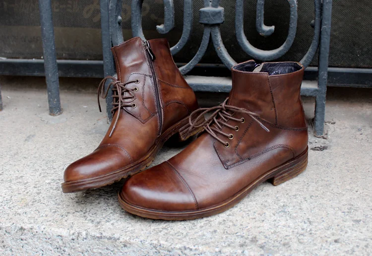 Vintage Mens Cowhide Genuine Leather Riding Ankle Boots Lace Up High Top Work Shoes Vintage Round Toe Autumn Moto Biker Boots