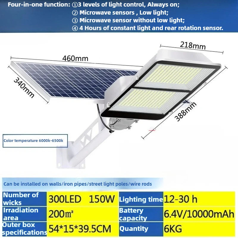 150W Powerful Solar Street Light Remote Control LED Metal Shell Radar Induction Wall Light Outdoor Lighting Split Garden Light