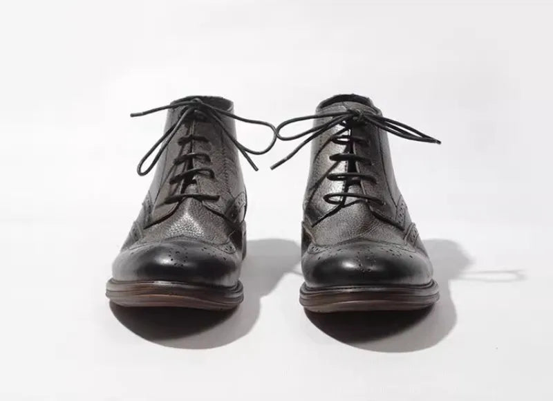 Casual Handmade Vintage Cowhide Genuine Leather Short Boots Men Carving Design High Top Cargo Shoes Men Lace Up Motorcycle Boots