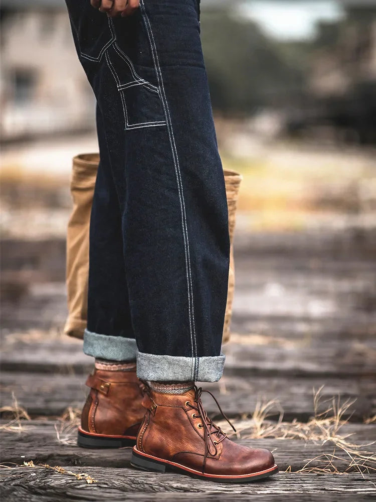 Handmade Leather Men Boots Retro Round Toe Ankle Boots 2025 Autumn Winter Punk Street Style Motorcycle Boots Men Chunky Botines