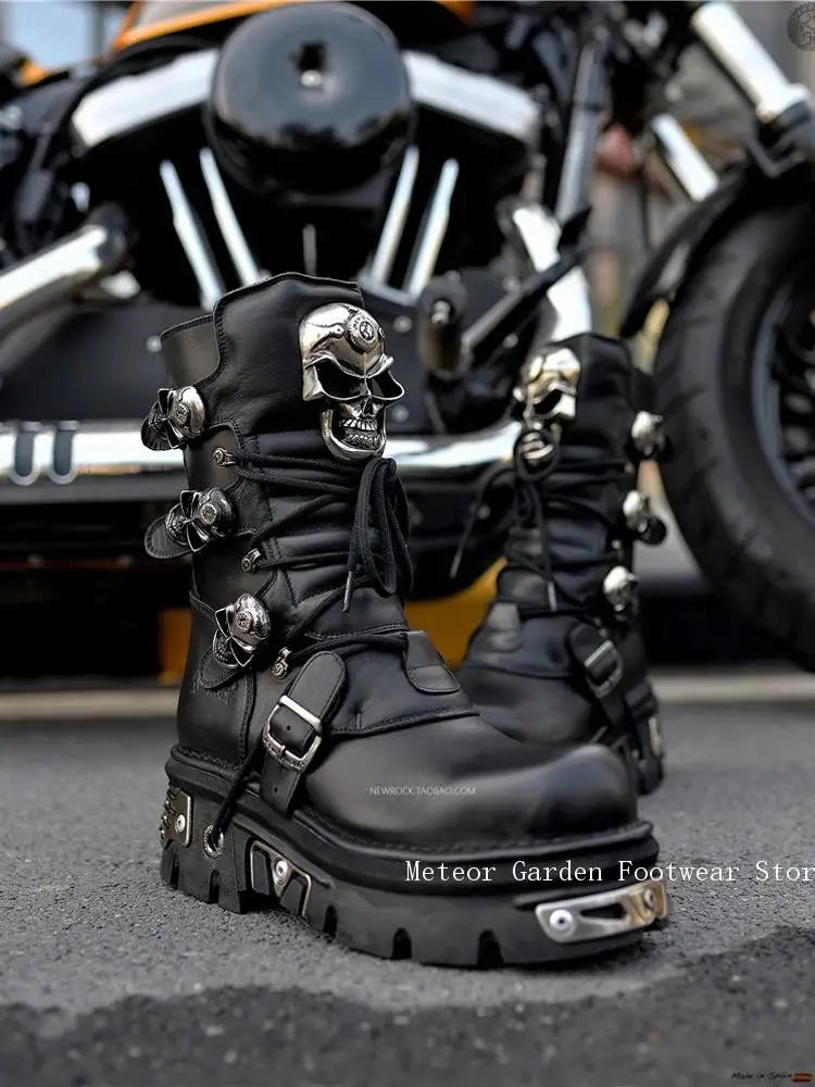 Unisex Handmade Custom Skull High Boots Metal Decorated Motorcycle Punk Thick-Soled Couple Shoes New for Men and Women
