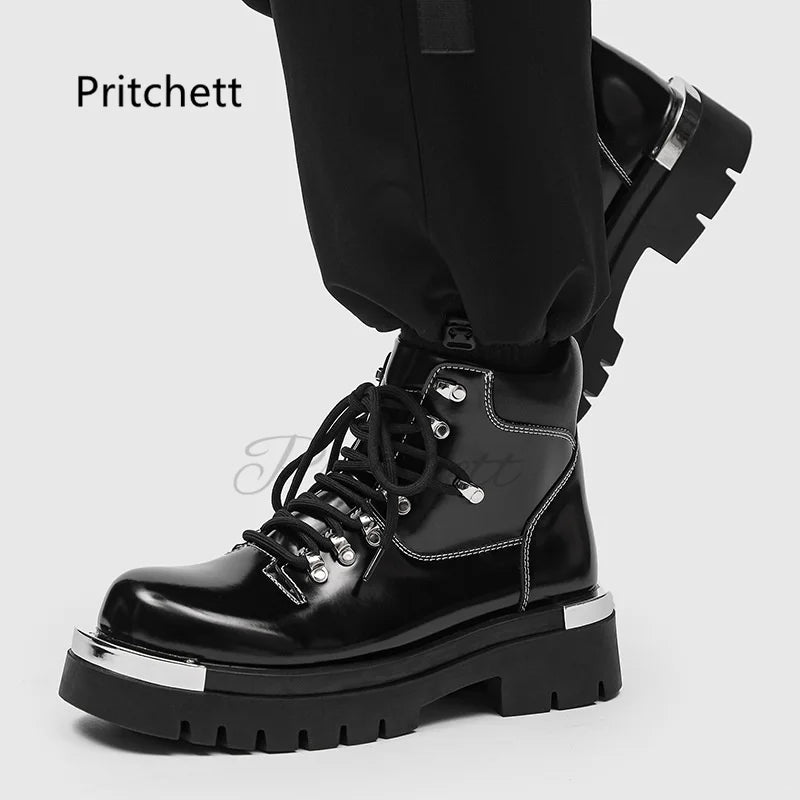 Black Patent Leather Men's Boots Thick Soles Punk Style Women Rivet Metal Decoration Motorcycle Boots Autumn Winter Couple Shoes