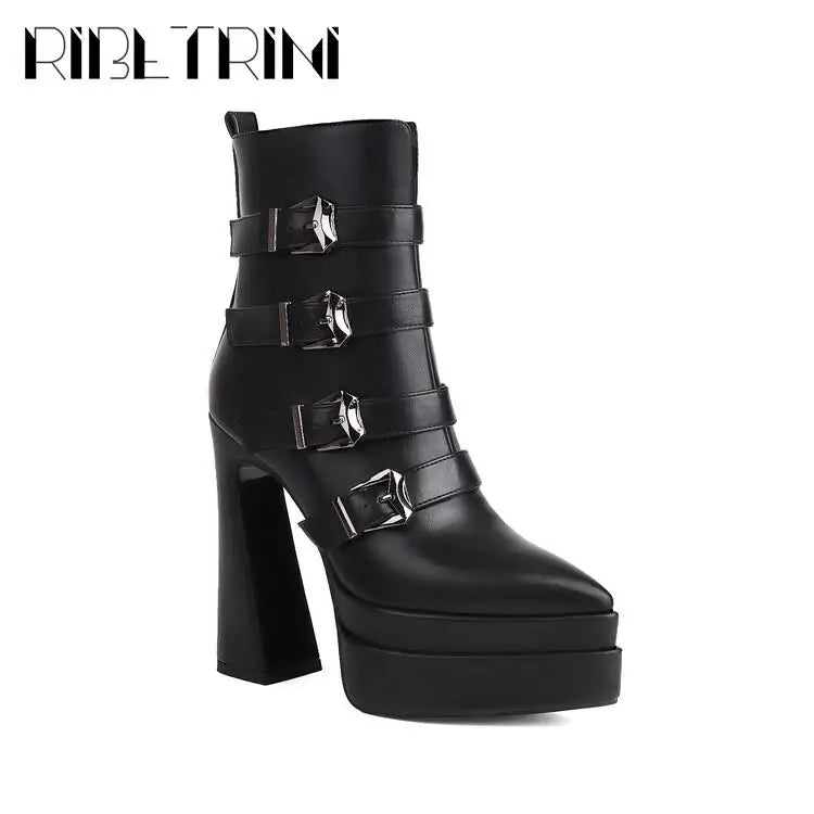 Platform Women Boots Pounted Toe High Heeled Double Platform Shoes Ankle Buckle Punk Goth Cool Fashion Brand Winter Boots Woman