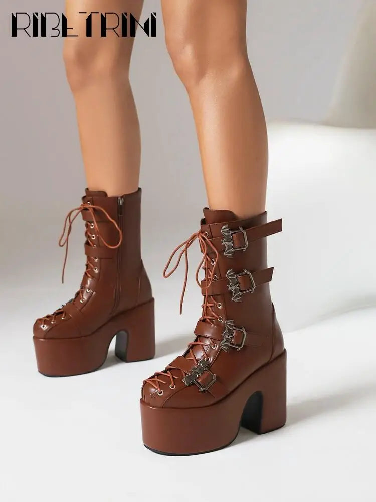 Punk Goth Women Motorcycle Boots Block High Heels Platform Shoes  Woman 2024 New Brand Luxury Fashion Design Cool Street Boots